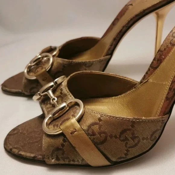 GUCCI Crystal Horsebit GG Heeled Monogram Gold Stiletto Mules size 8 & dust bag - Picture 15 of 17